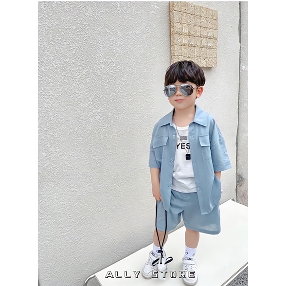 Bộ sơmi đũi xanh bé trai K410