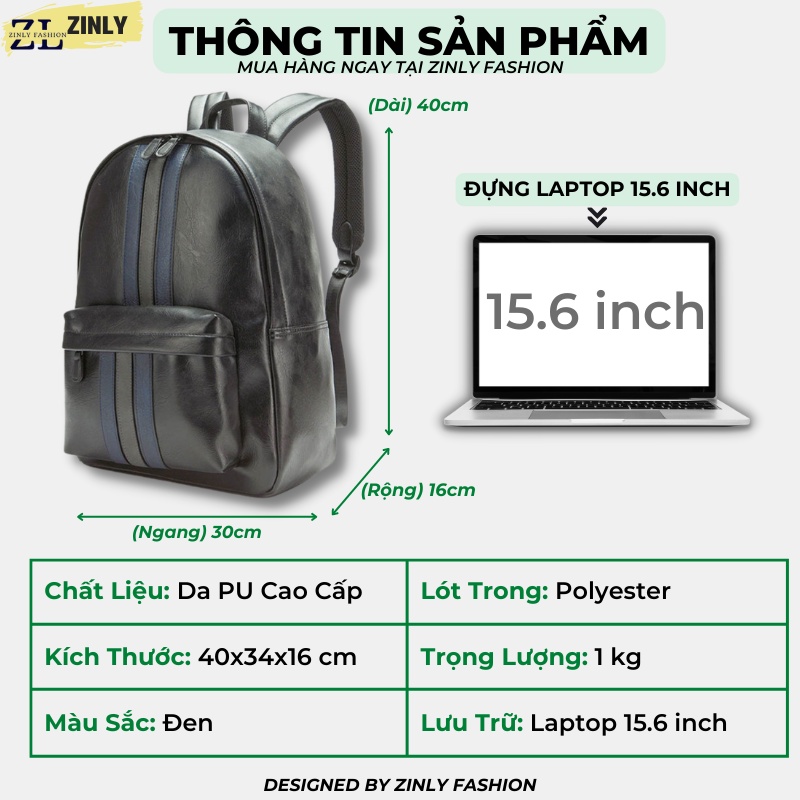 Balo da thời trang nam nữ da PU cao cấp chống thấm nước cặp đi học đi chơi ulzzang balo đựng laptop 15.6 inh - ZINLY