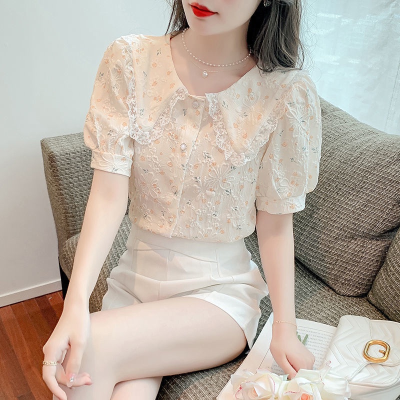 IELGY  Áo Kiểu Tay Phồng Ngắn In Hoa Thời Trang Cho Nữ