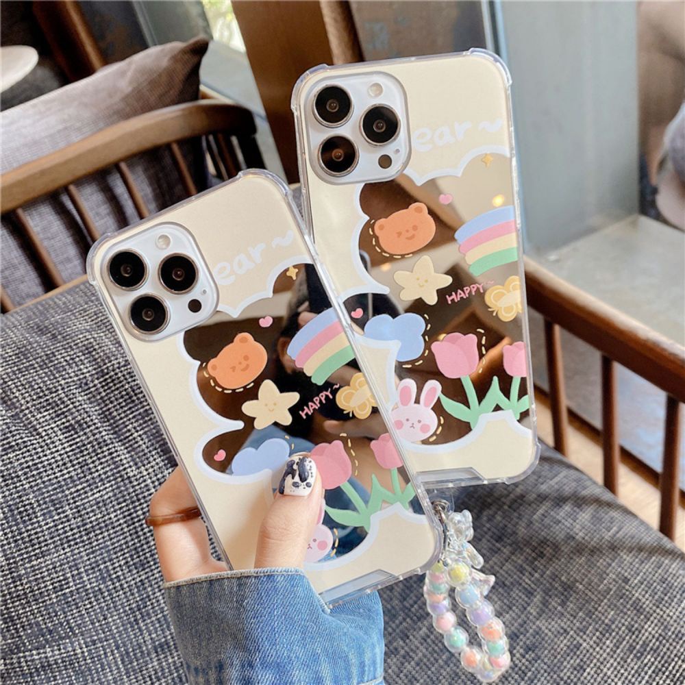 Ốp Điện Thoại TPU Mềm Tráng Gương Họa Tiết Gấu Hoạt Hình Kèm Dây Đeo Cho IPhone 14 13 12 11 Pro Max