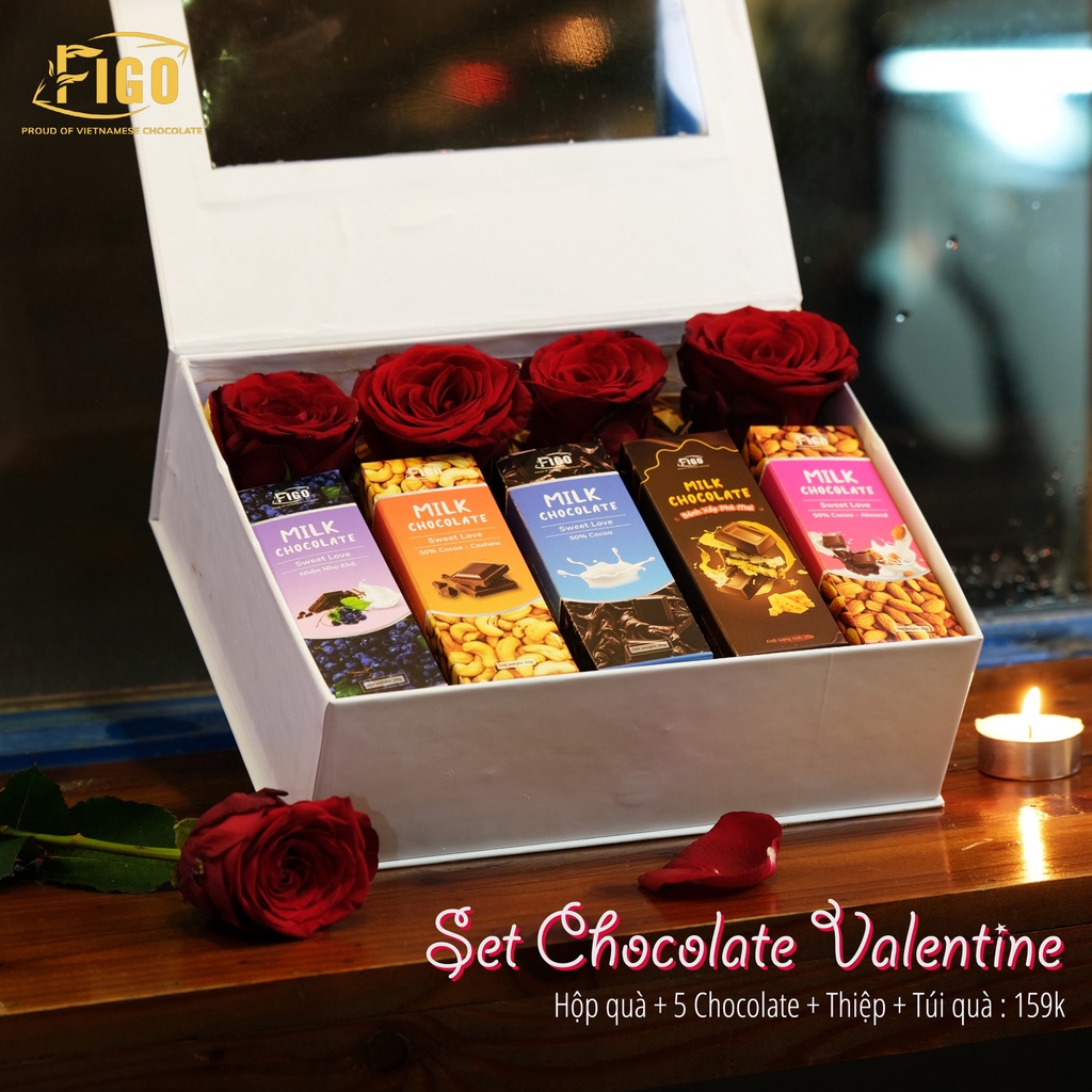 [HOẢ TỐC ] Set hộp quà 4 hộp socola đen 20g FIGO, thiệp nơ đầy đủ, socola quà tặng valentine