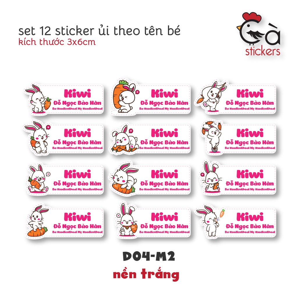 Sticker ủi áo in tên trẻ em GaStickers UT-D04- bộ 12 miếng kích thước 3 x 6 cm