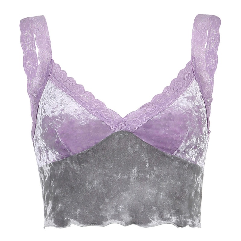 Xiangbao Áo Croptop Không Tay Cổ Chữ V Hở Lưng Phối Ren Hoa Màu Sắc Tương Phản Quyến Rũ Cho Nữ