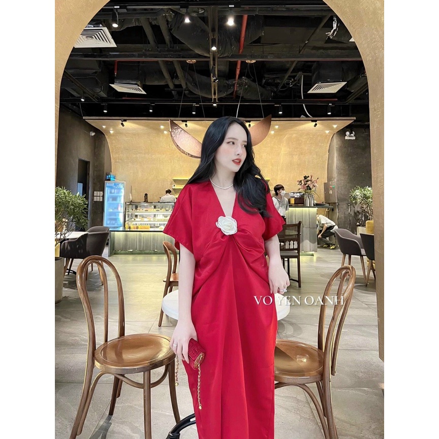 [3.3 Sales Freeship] Đầm suông cổ v tay dơi dáng dài đính hoa, đầm trơn basic nhún eo đính bông đi biển nhẹ nhàng mtb