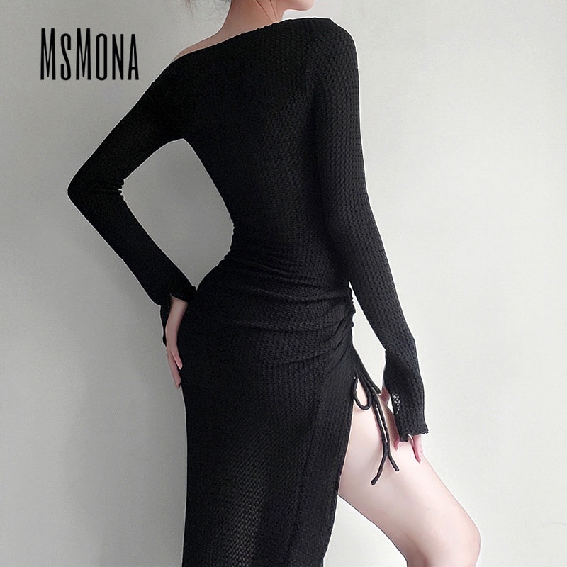 MsMona Đầm Maxi Ôm Eo Tay Dài Màu Trơn Thời Trang 2023 Dành Cho Nữ