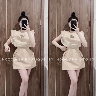 Set áo cổ bèo thêu kèm chân váy nude