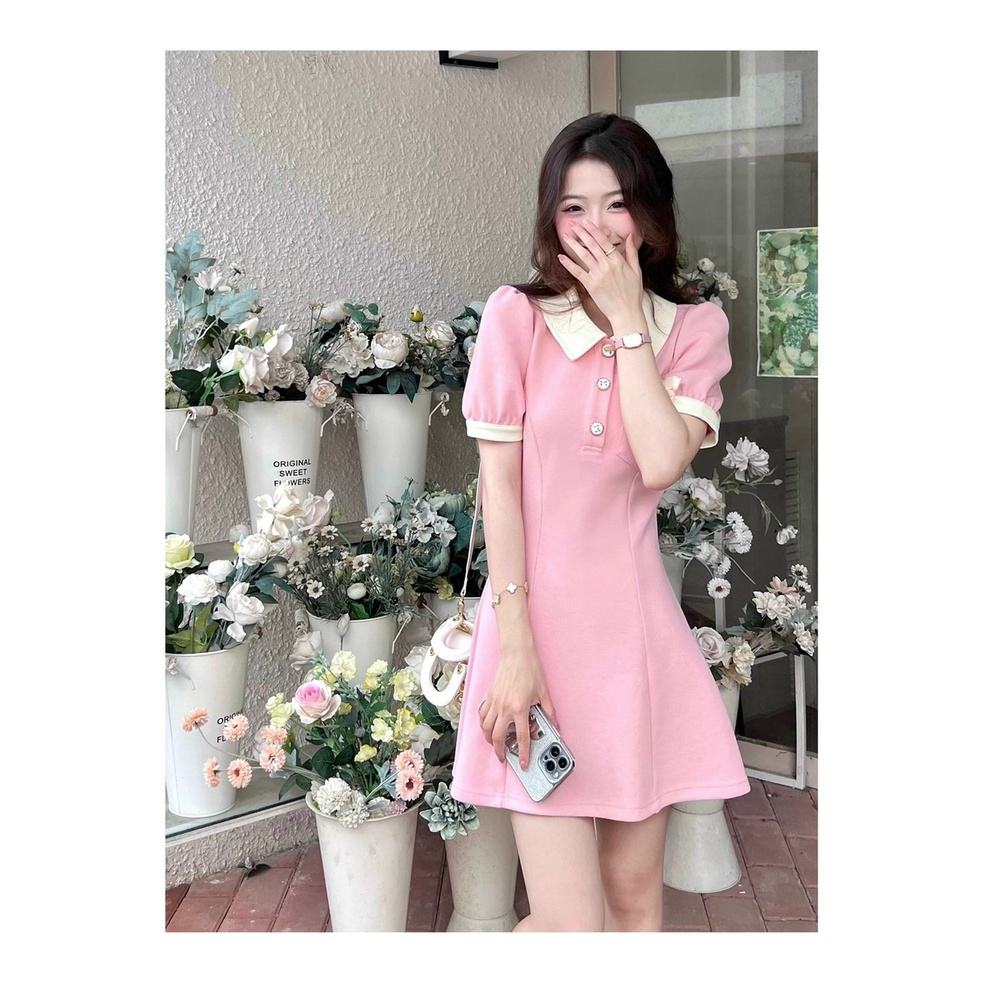 Váy công sở màu hồng và màu đen dáng chữ A cổ sơ mi tay lỡ, váy công sở thanh lịch Linhnastore