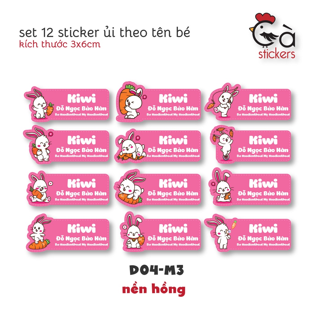 Sticker ủi áo in tên trẻ em GaStickers UT-D04- bộ 12 miếng kích thước 3 x 6 cm