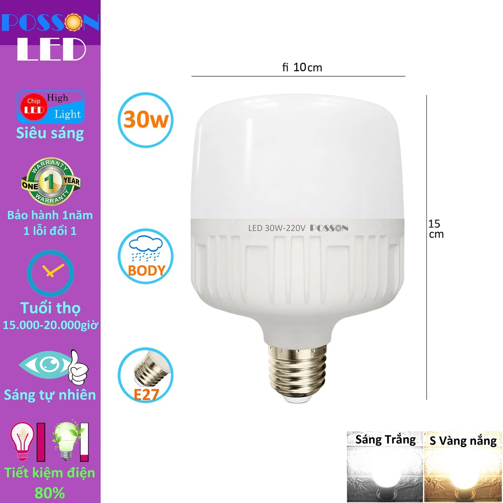 10 Bóng đèn Led trụ 30w bup trụ T100 siêu sáng tiết kiệm điện thân kín chống nước mưa Posson LC-30x