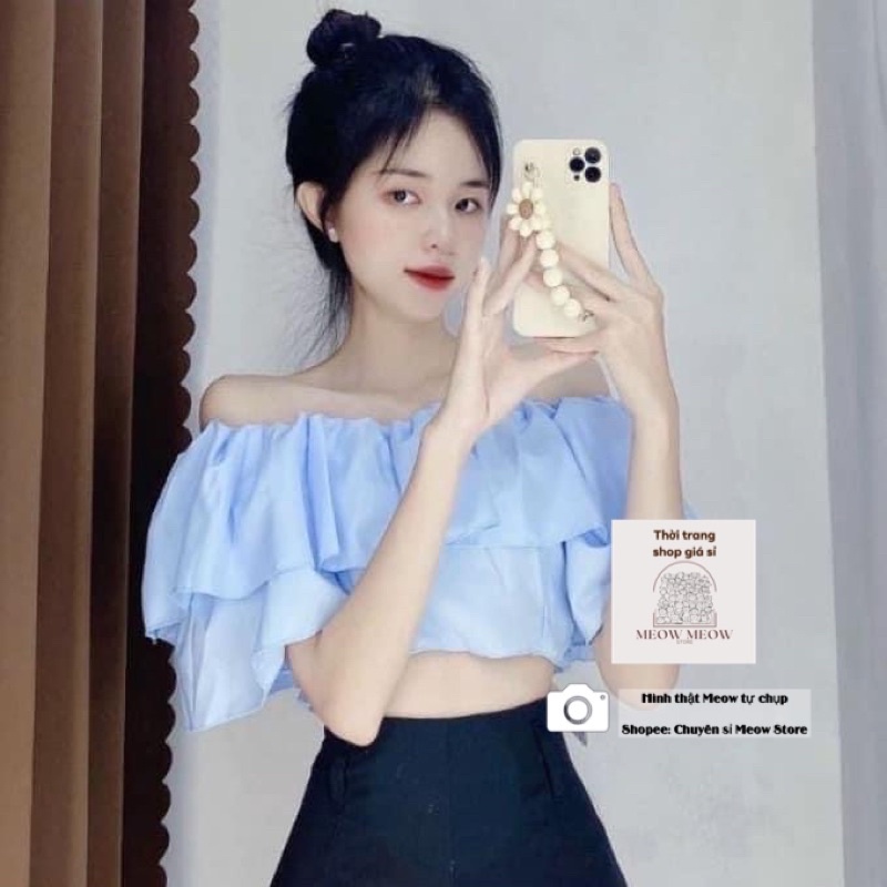 Áo kiểu voan bèo trễ vai tiểu thư croptop màu xanh dương đi chơi