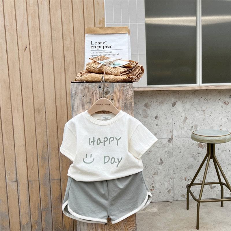 Bộ cộc tay Happy Day 2 màu cho bé trai bé gái, đồ bộ Hokiha Kids dễ thương chất cotton từ 8-15kg TE160