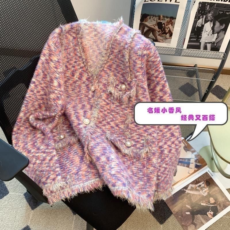 Áo Khoác Cardigan Dệt Kim Cổ Chữ V Phối Tua Rua Lông Cừu Nhân Tạo Phong Cách Mới