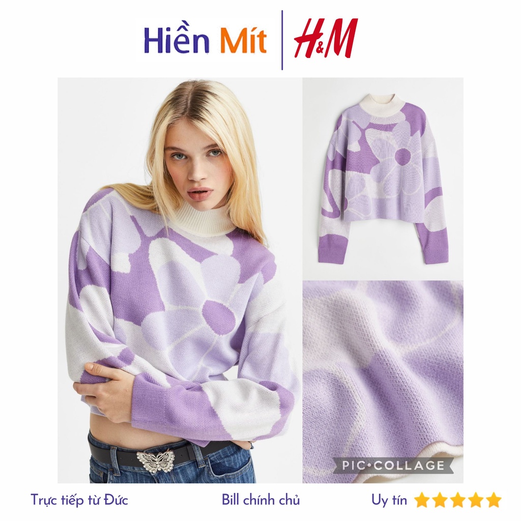 H&M Đức - Áo len cổ lọ họa tiết hoa lớn tay dài phồng bo eo màu tím trắng sale auth cao cấp chính hãng có sẵn 1026775009