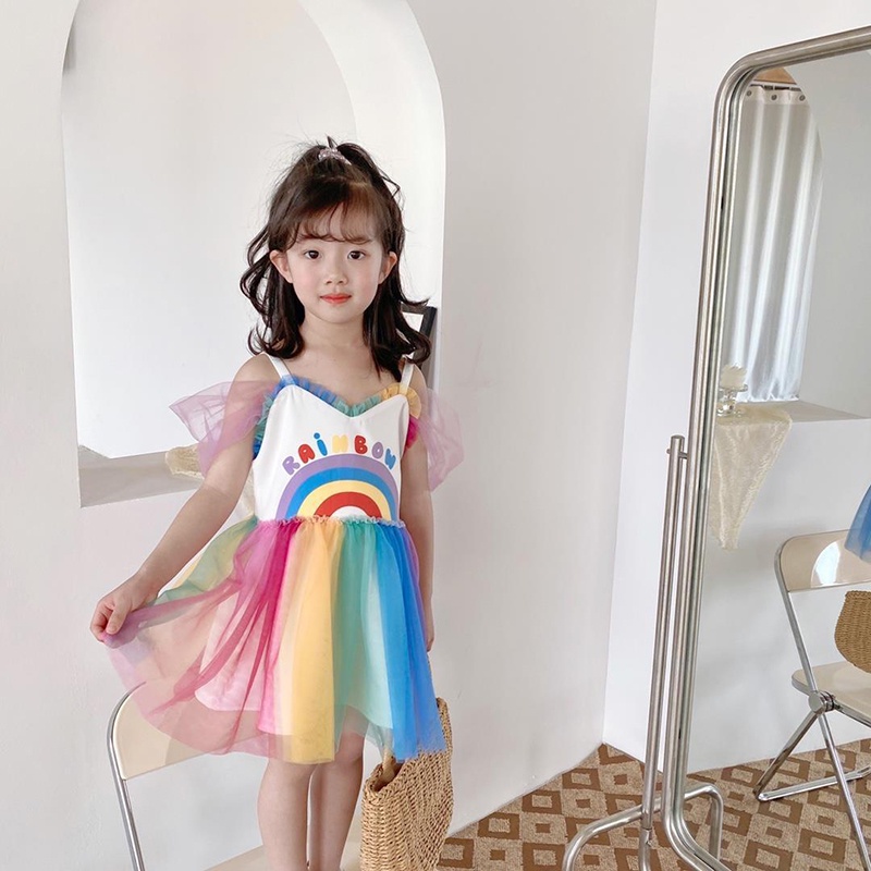 Đầm công chúa IQ ANGEL hai dây họa tiết hoa màu cầu vồng xinh xắn cho bé gái