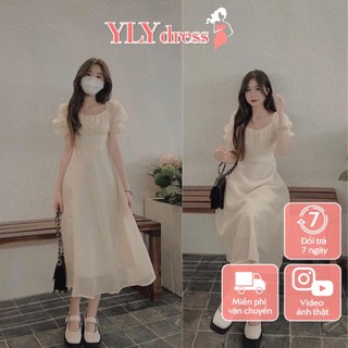 Váy voan nữ dáng dài, đầm tay bồng voan tơ nhún ngực tiểu thư màu be freesize hàn quốc maxi Ylydress C977