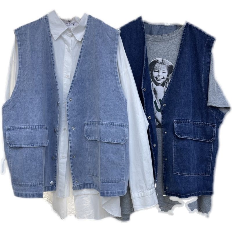 Hàng Mới Về * O Kho C Áo Khoác Denim Sát Nách Dáng Rộng Màu Trơn Phong Cách Hồng Kông Thời Trang Xuân Thu 2022 Cho Nữ