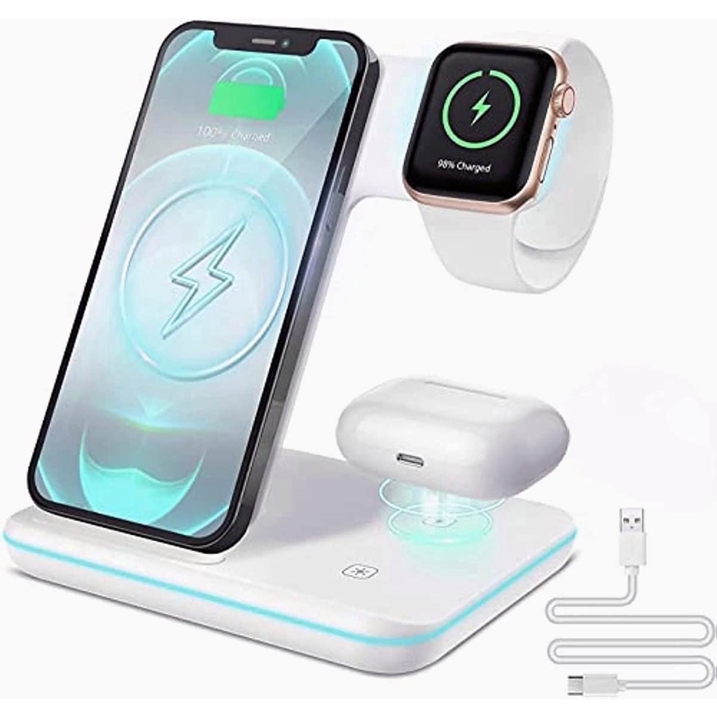 Đế Sạc Không Dây 3 Trong 1 Tương Thích Với iWatch 8 / 7 / SE / 6 / 5 / 4 / 3 / 2 / Air Pods 3 / 2 / Pro / iPhone 14 13 12 11 Series / XS MAX / XR / X / Samsung Galaxy S Note