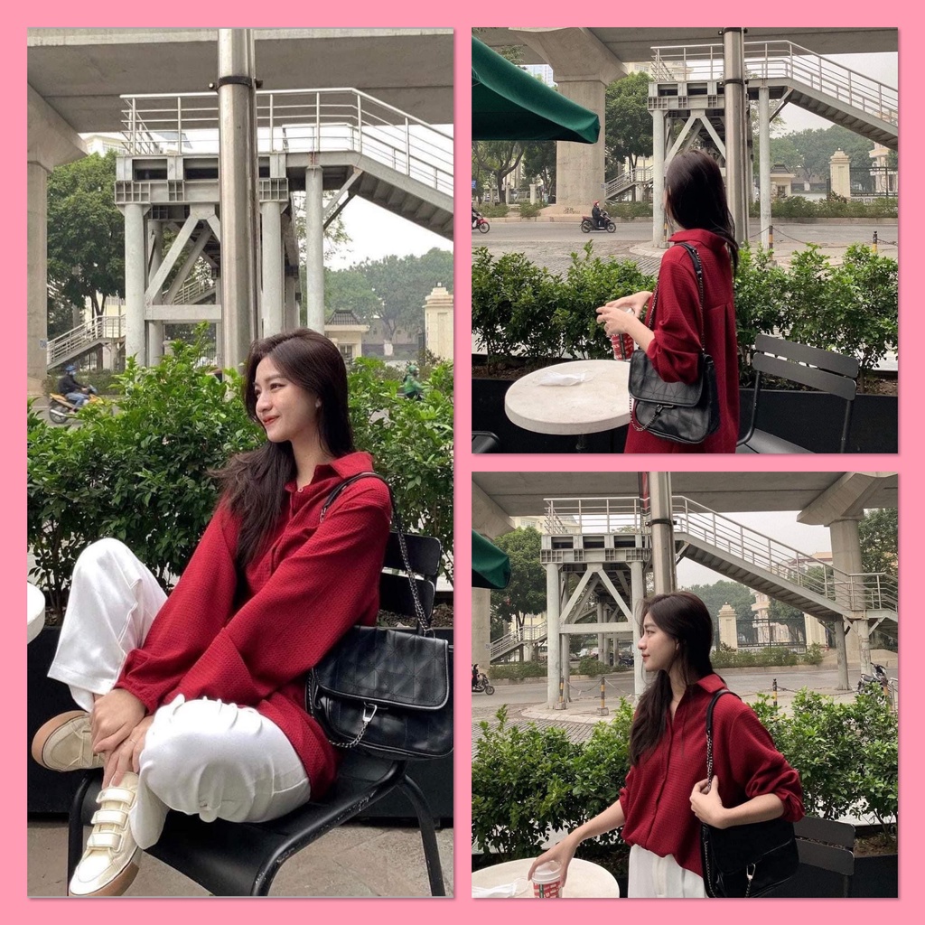 [FREESHIP] Áo sơ mi Hàn Quốc chất xốp màu đỏ  tay lỡ dáng rộng Ulzzang  Ảnh thật 1000%