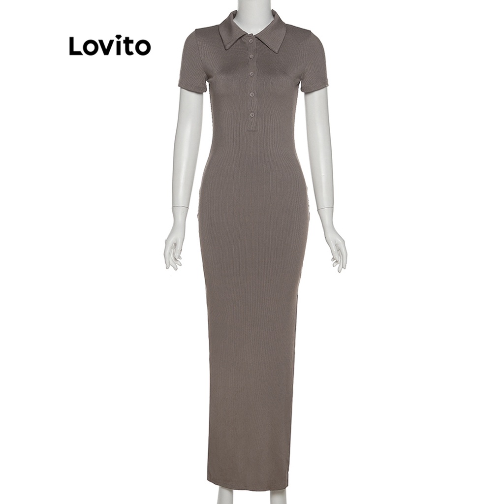 Đầm LOVITO tay ngắn cổ polo ôm dáng cắt xẻ màu trơn thường ngày