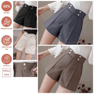 Quần short đùi nữ xếp ly FiFU lưng cao 4 khuy cạp chữ V, Chất vải tuyết mưa cao cấp, Mã QU311