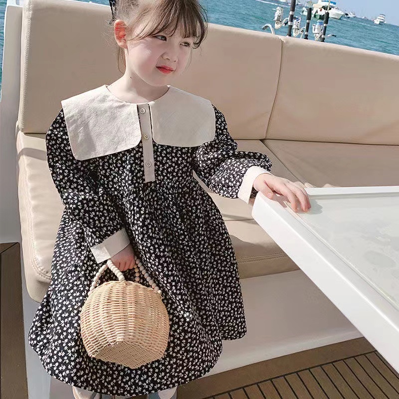 Đầm Công Chúa Tay Dài Cổ Bẻ In Họa Tiết Hoa Thời Trang Xuân Thu Phong Cách Hàn Quốc Cho Bé Gái 1-6 Tuổi