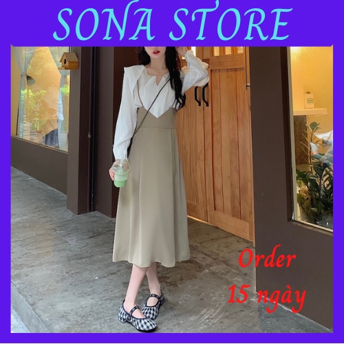 Set váy yếm dáng dài bigsize áo sơ mi tiểu thư bánh bèo sang chảnh hàng quảng châu cao cấp SONA STORE order 15-25ngày