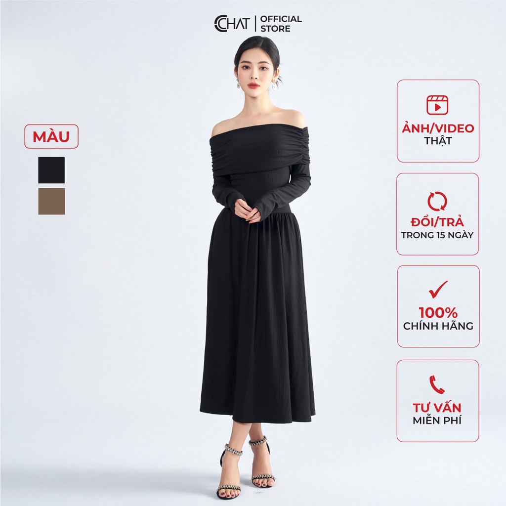 Đầm Nữ 𝐂𝐂𝐇𝐀𝐓 Ngang Vai Dáng Xòe Chất Thun Cao Cấp Mềm Mịn 22VDC2024XT