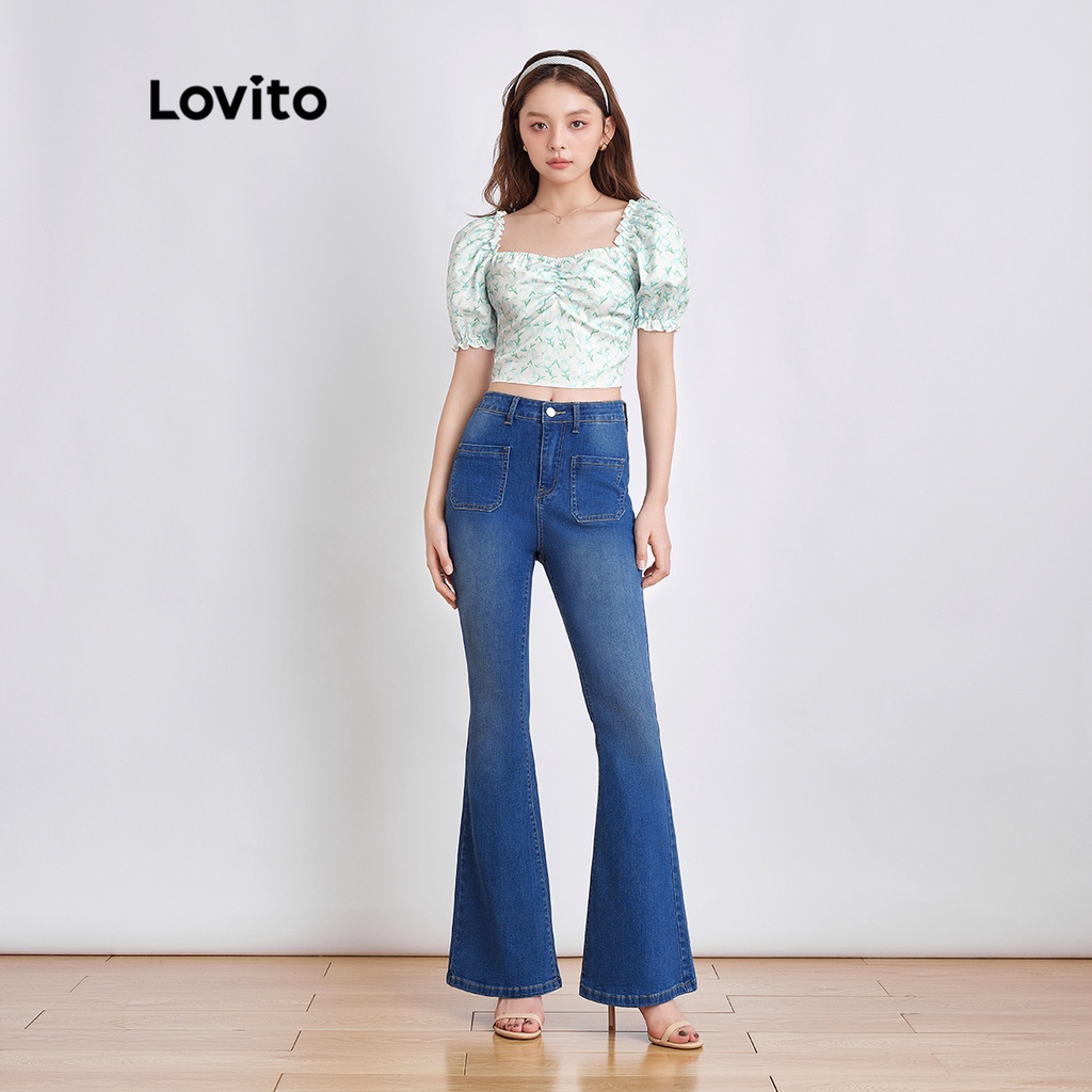 Áo thun Lovito họa tiết hoa nhí xếp nếp phong cách cổ điển dành cho nữ L44EE002 (trắng)