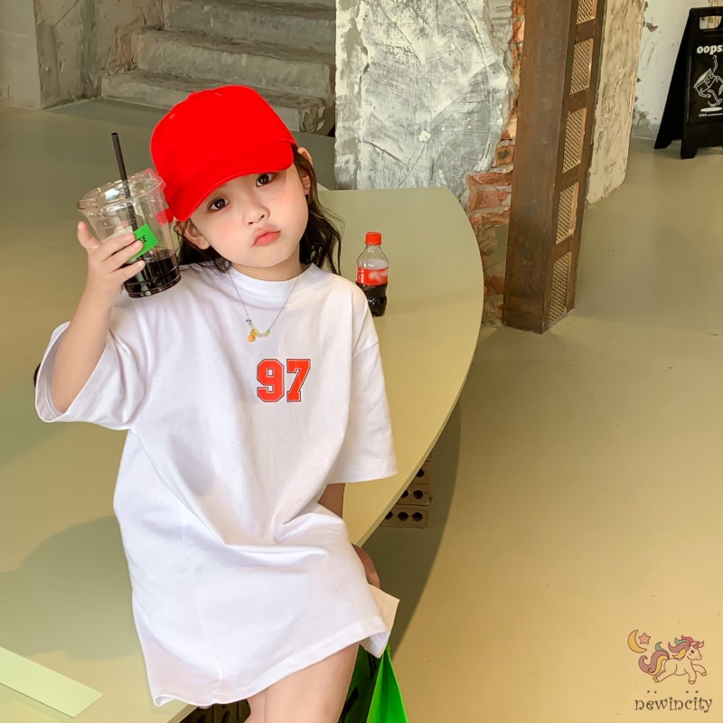 Đầm Thun Tay Ngắn In Chữ Phong Cách Hàn Quốc Thời Trang Mùa Hè Cho Bé Gái