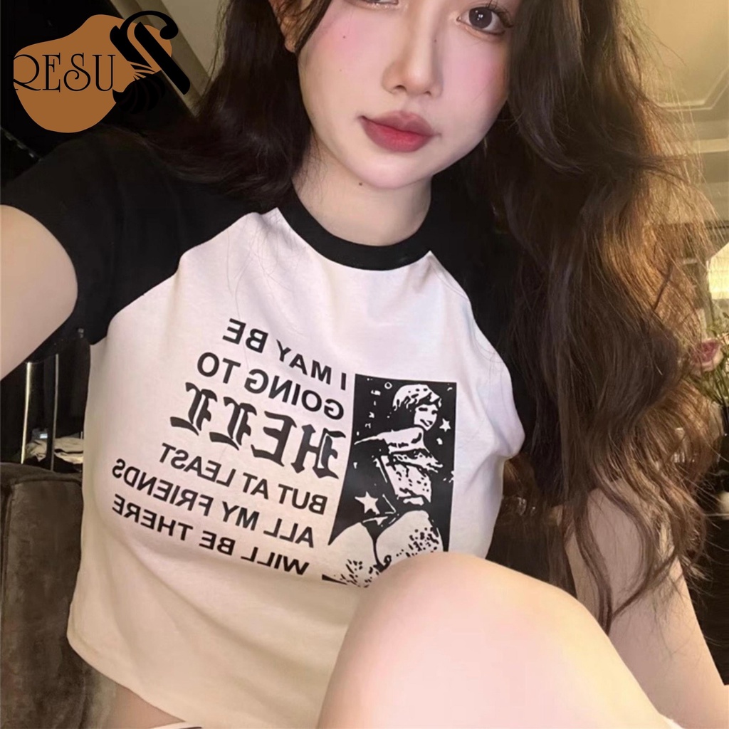 Áo Croptop Phối Tay Ôm Body Nữ iN Chữ HELL Cổ Tròn Tay Ngắn, Áo Thun Croptop Kiểu Sexy In Họa Tiết | BigBuy360 - bigbuy360.vn