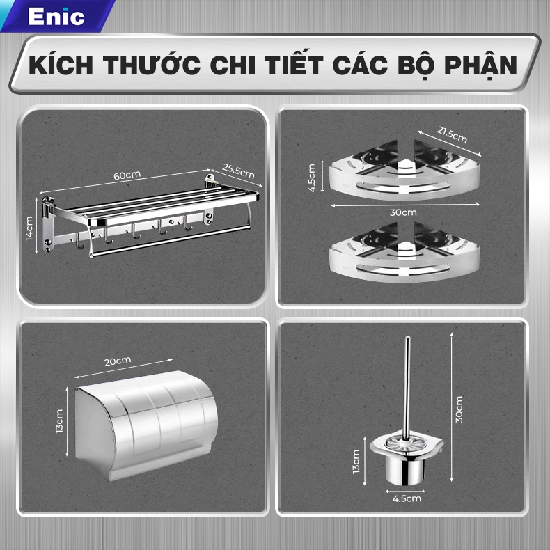 Bộ sản phẩm giá treo khăn tắm gắn tường gấp gọn Enic, hộp đựng giấy vệ sinh, kệ phòng tắm 2 tầng đa năng, chổi cọ toilet