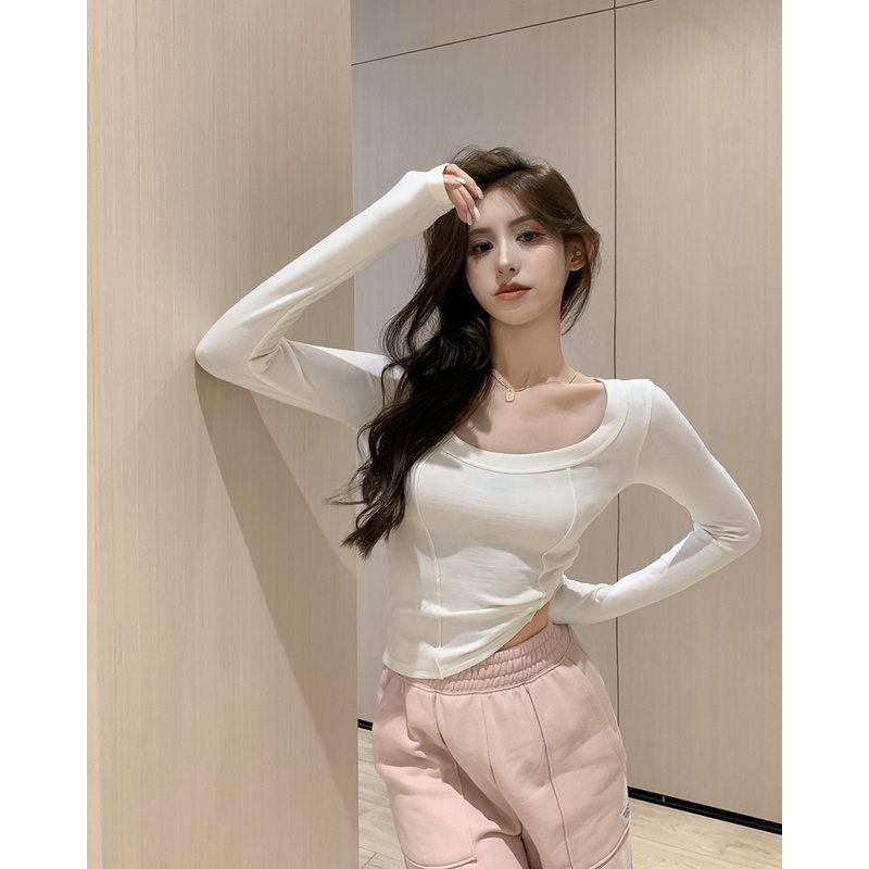 [2 Màu] Áo Thun Tay Dài Mỏng Bên Trong Với Quần Legging Ngắn insU Cổ Chữ U