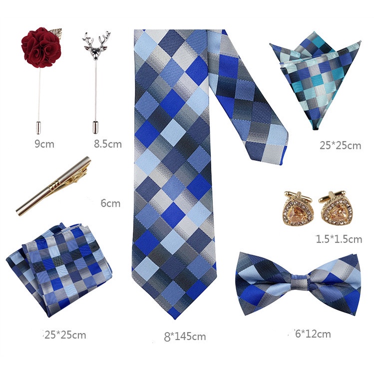 Bộ EFAN gồm cà vạt + nơ + khuy măng sét + khăn + trâm + kẹp sang trọng cho nam