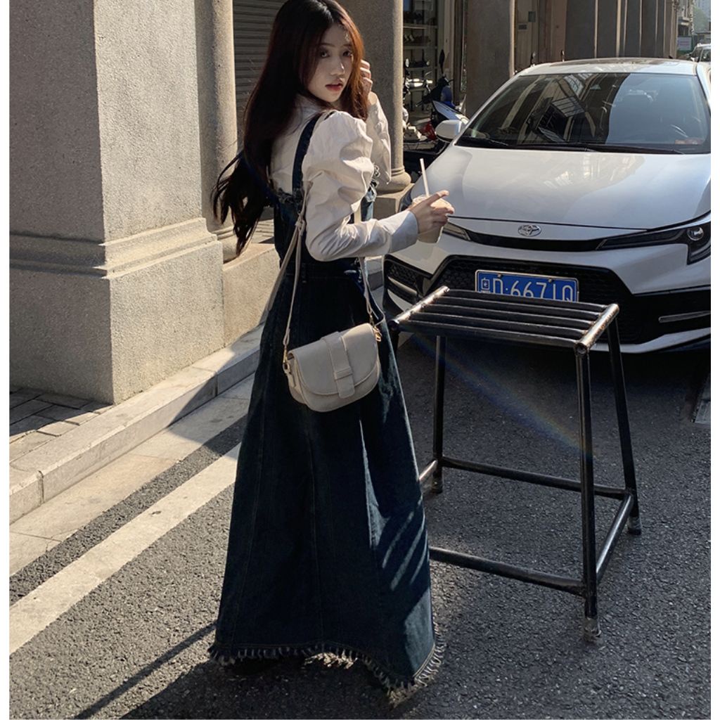 Sét áo sơ mi dài tay kết hợp váy yêm jean chữ A dáng dài hàng order Taobao cao cấp nhà Oanhdilys