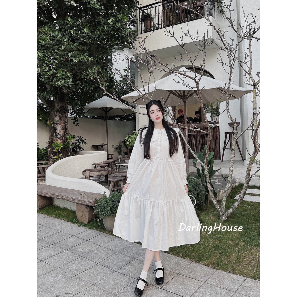Đầm nữ trắng dáng dài cổ bèo, Váy nữ sơ mi dáng xoè màu trắng, Đầm váy nữ dài tay cổ bèo kiểu sơ mi