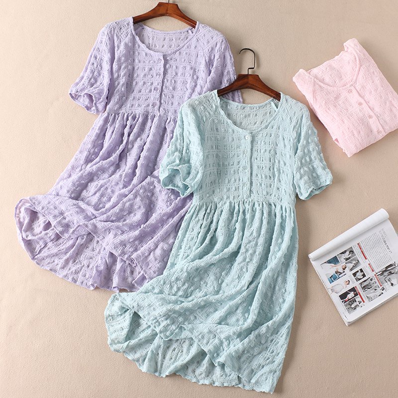 Đầm suông nữ freesize, đầm babydoll cổ tròn phối cúc, tay bo chun, chất liệu mát Da10