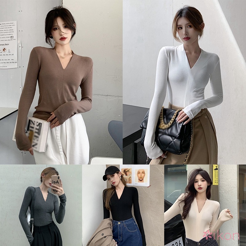 Áo Sơ Mi Nữ Tay Dài Cổ Chữ V Màu Sắc Thanh Lịch