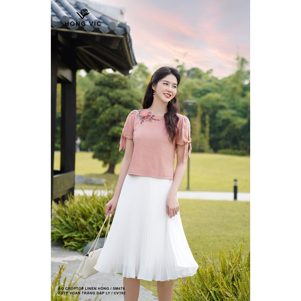 Áo croptop nữ thiết kế Hong Vic linen hồng SM476