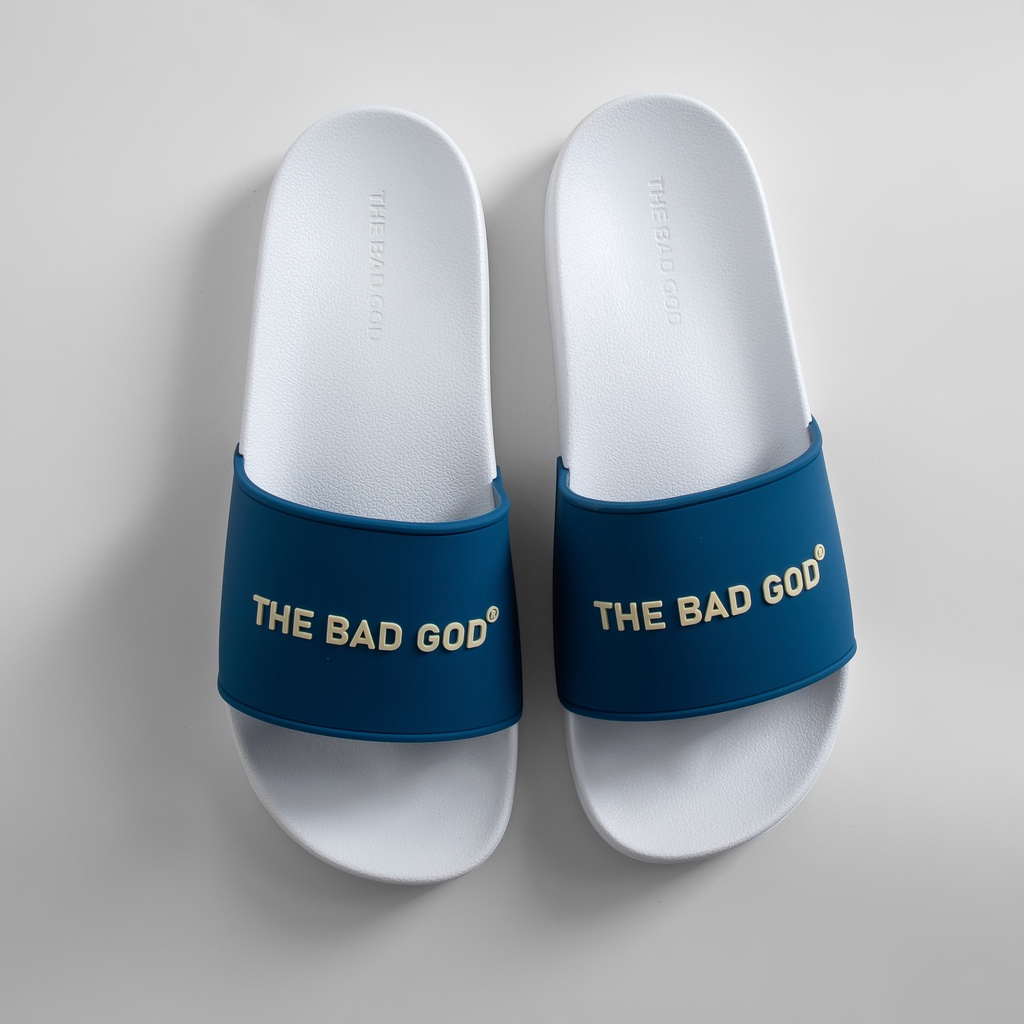 Dép quai ngang slipper The Bad God trắng quai xanh fullbox X06 White Blue