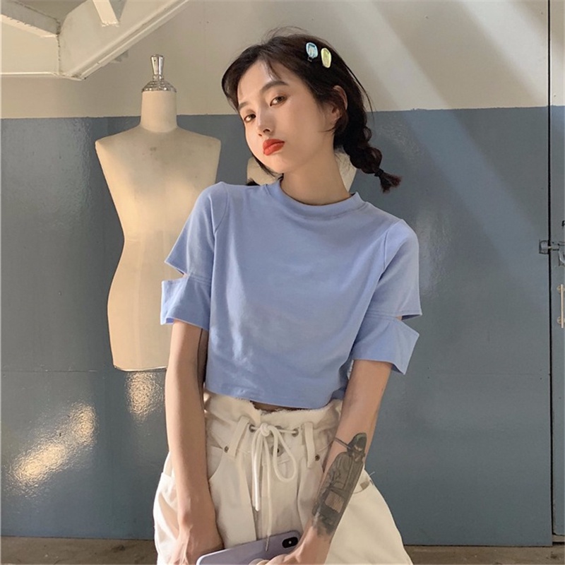 Áo croptop SUXI tay ngắn cổ tròn dáng ôm phong cách tối giản cho nữ