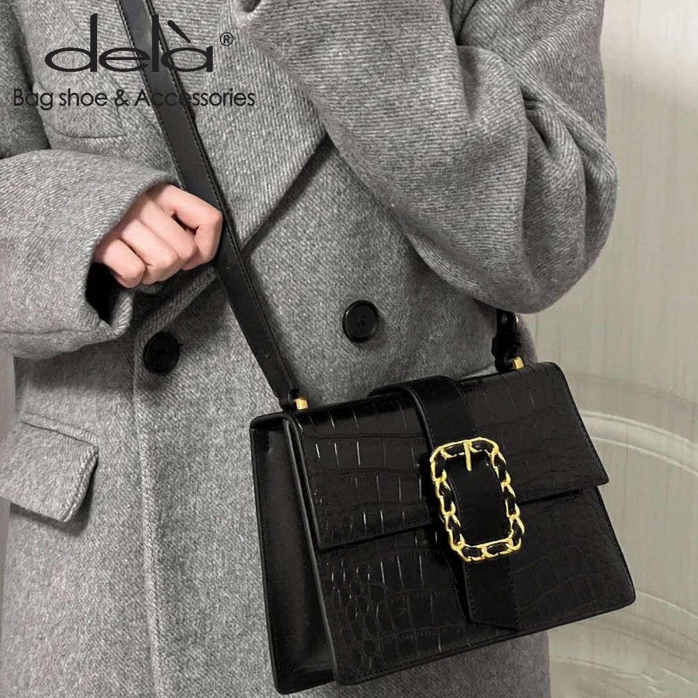 Dela Túi Xách Nữ Màu Đen Thiết Kế Đơn Giản Thời Trang Thu Đông Cao Cấp