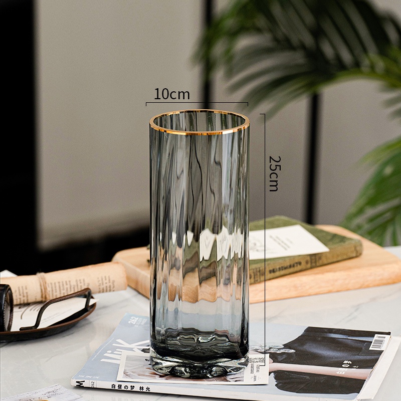 Bình hoa thủy tinh trụ viền vàng decor phòng ngủ và trang trí phòng khách cao cấp