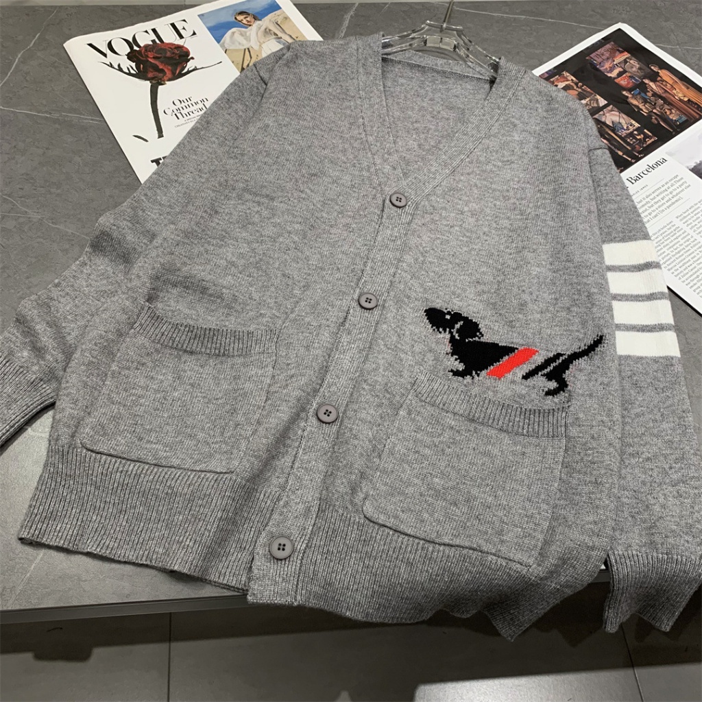 Thom Browne Spring New Age-reducing college style four-bar striped puppy Jacquard knitted cardigan women's casual loose sweater coat