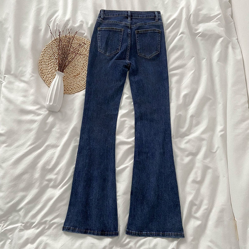 Quần Jean Ống Loe Màu Xanh Đậm Thời Trang Cho Nữ