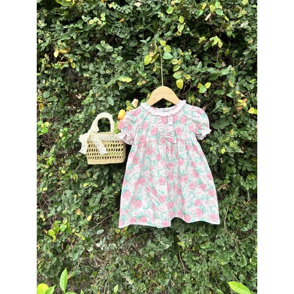 Váy bé gái, có tay, họa tiết hoa hồng vintage , chất thô cotton mềm thấm hút mồ hôi