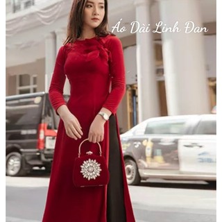 Áo dài vải nhung hiện đại, màu đỏ kết hoa - Áo Dài Linh Đan