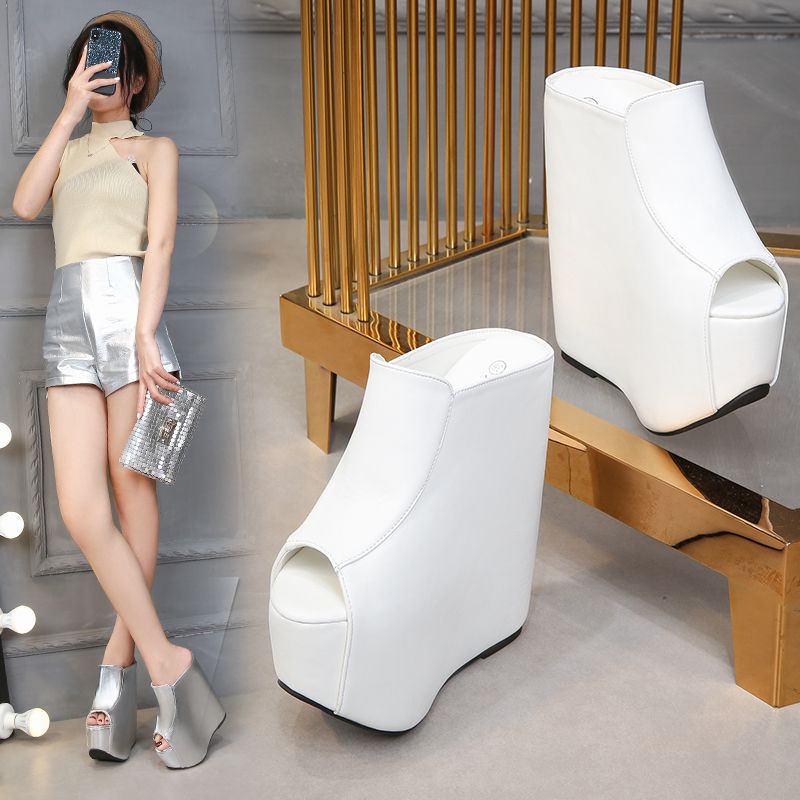 Âu mỹ sexy dép 18cm dép dày-chân đế màu trắng bạc bên trong tăng chiều cao sàn catwalk giày nữ