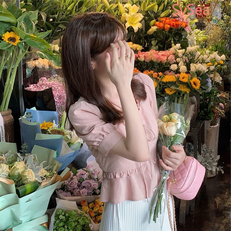 Plus Áo Kiểu Tay Ngắn Rút Dây Phong Cách Vintage Pháp Cho Nữ