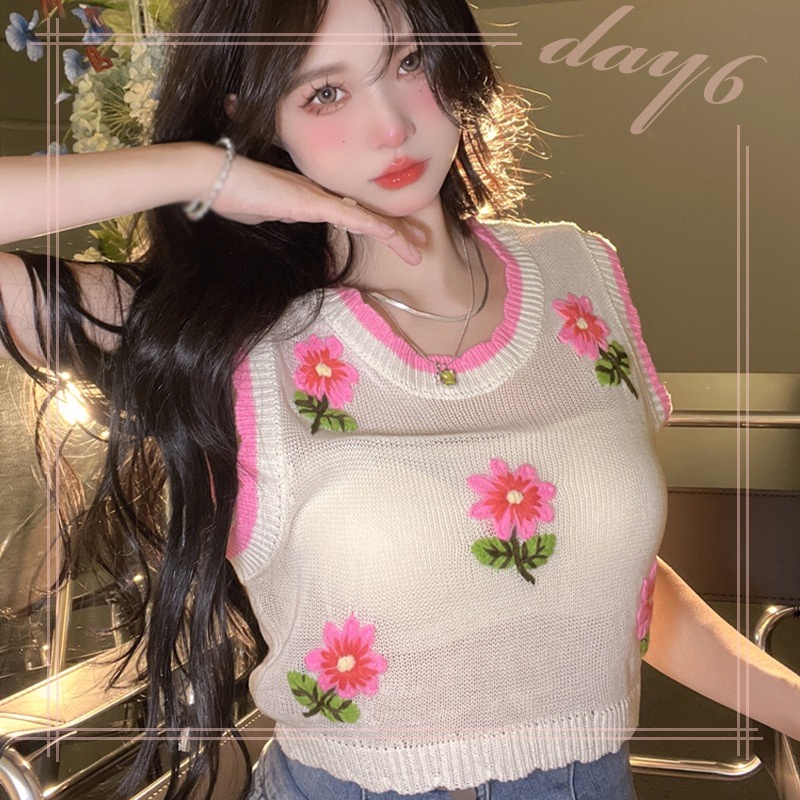 Áo Tank Top Dệt Kim Sát Nách In Hoa Kiểu Hàn Quốc Xinh Xắn Cho Bạn Gái