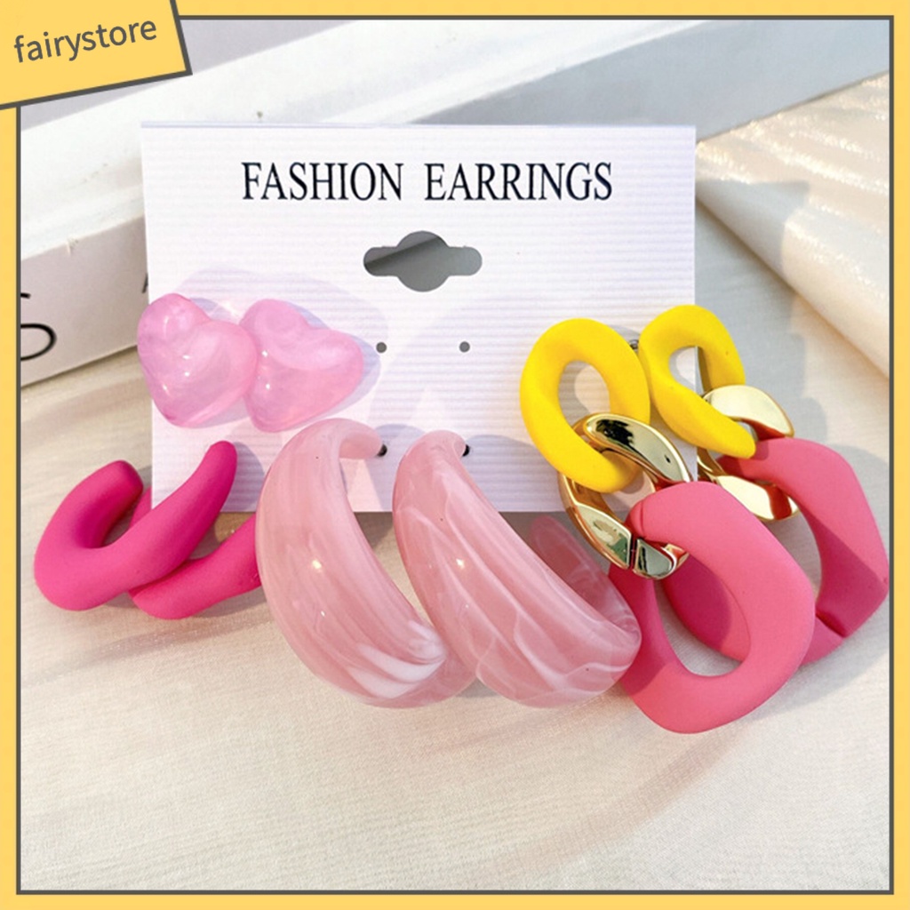 Set 1 / 4 / 6 Đôi Khuyên Tai Hình Học Trái Tim Màu Sắc Ngọt Ngào Bằng Acrylic